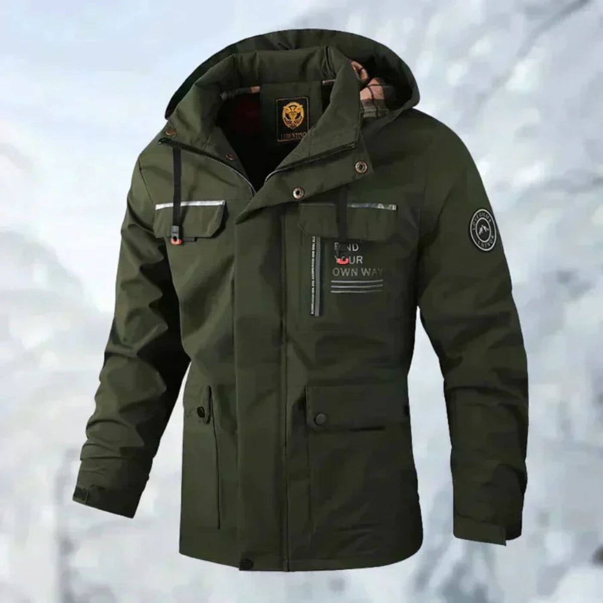 Men's hooded waterproof utility jacket, olive green with front zip and hood