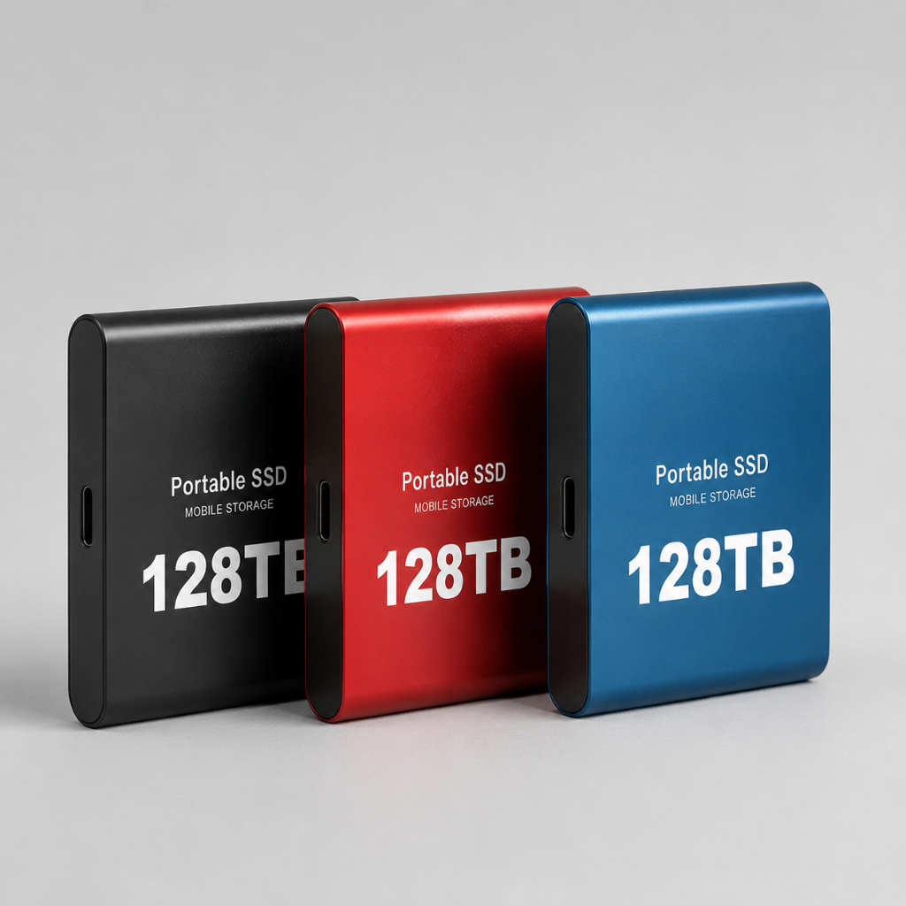 Portable SSD mobile storage, 128TB capacity, black, red, and blue units