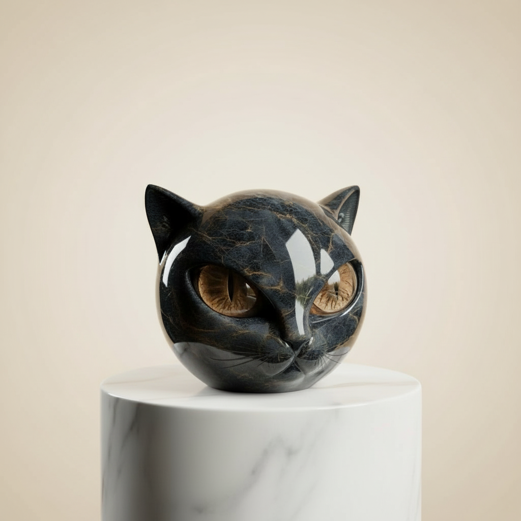 Cat head sculpture with amber eyes and glossy white stripe on a pedestal