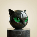 Cat head sculpture with green glowing eyes and reflective silver-white stripes