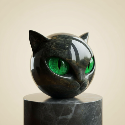 Cat head sculpture with green glowing eyes and reflective silver-white stripes