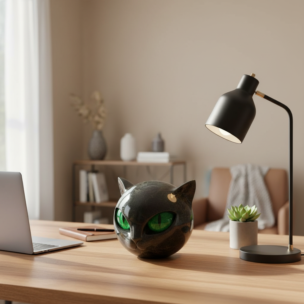 Black cat head sculpture with green eyes, glossy white stripe, on a tabletop