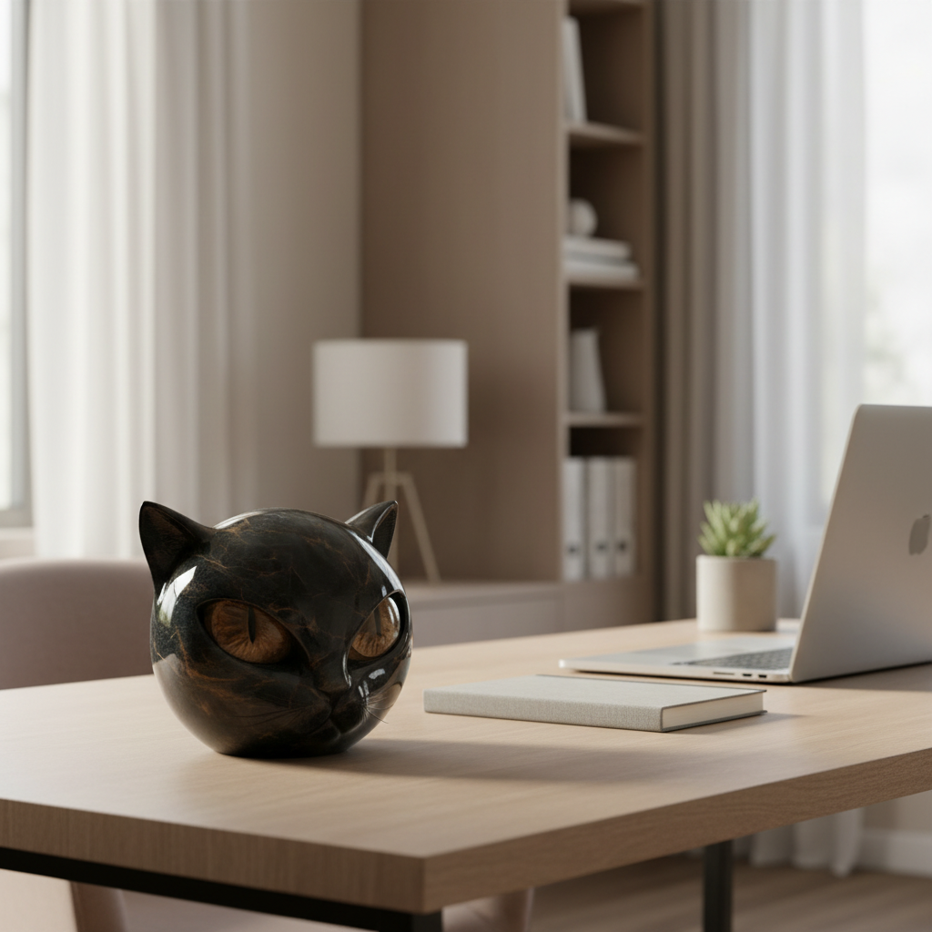 Black cat head sculpture on a desk, closed-mouth pose with amber eyes