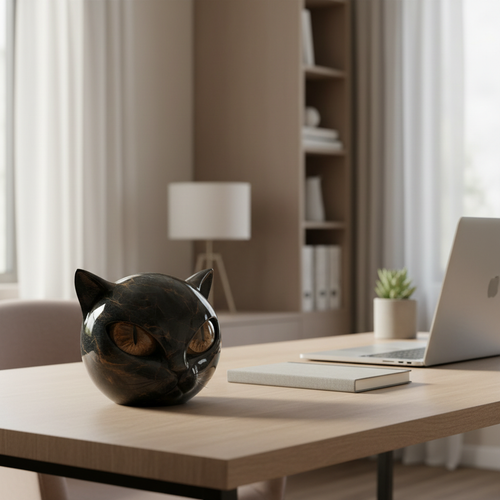 Black cat head sculpture on a desk, closed-mouth pose with amber eyes