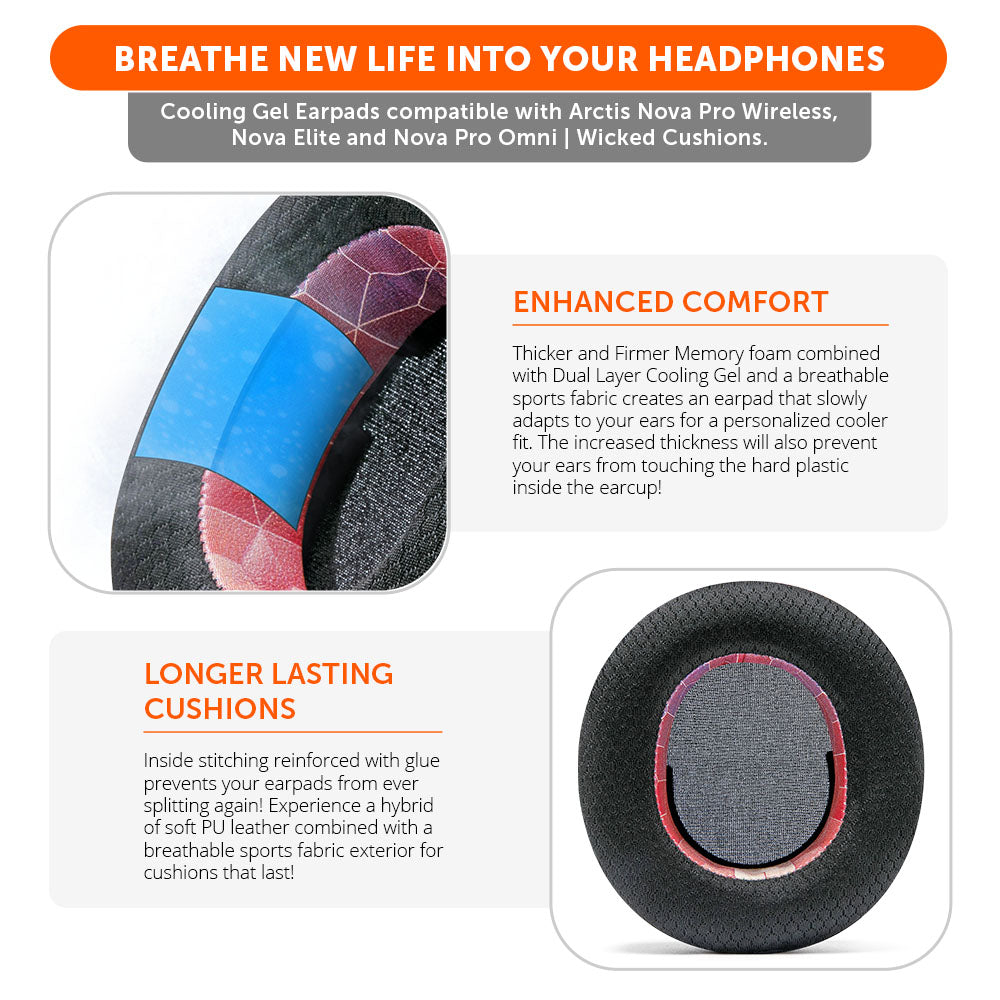 Cooling gel replacement earpads, blue and pink patterned memory foam with black edges