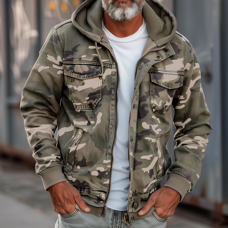 Camouflage cargo utility jacket with hood, zip/button front, chest flap pockets