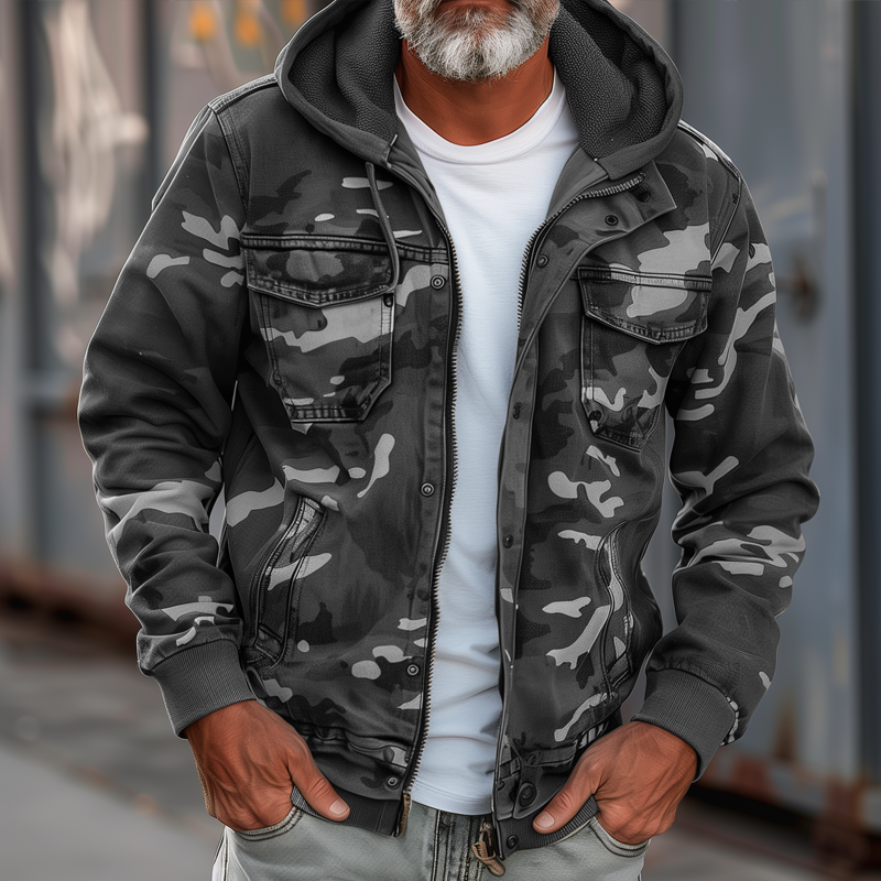 Dark camouflage cargo utility jacket with hood, flap chest pockets and side utility pockets