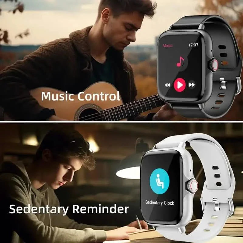 Black smartwatch with full touch screen showing music controls and sedentary reminder.