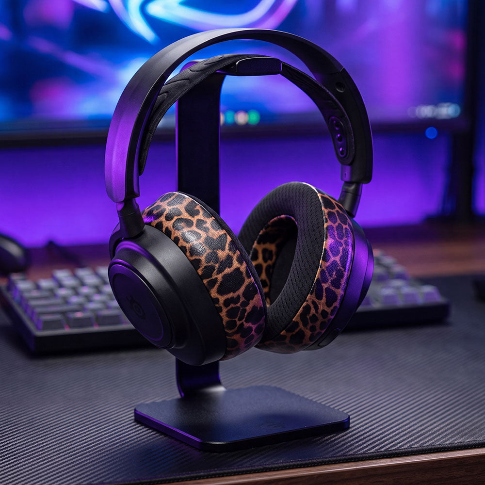 Leopard cooling gel replacement earpads on a black over-ear headset stand