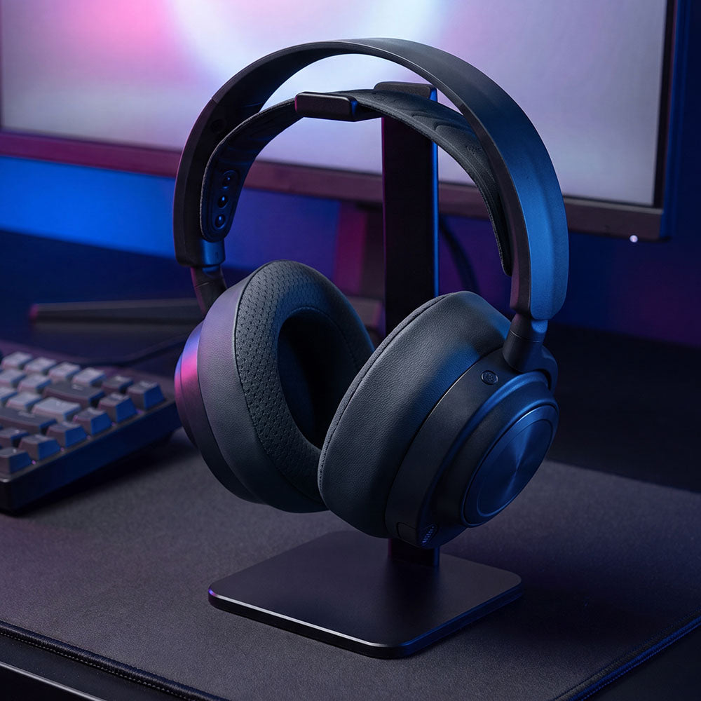 Dark gray cooling gel replacement earpads mounted on a headset