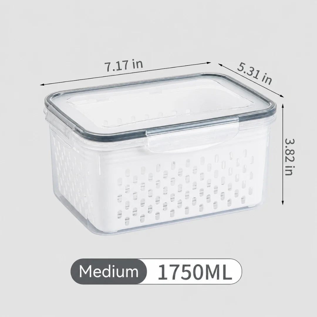 Medium clear fridge storage box with vented drain baskets, 1750ML capacity
