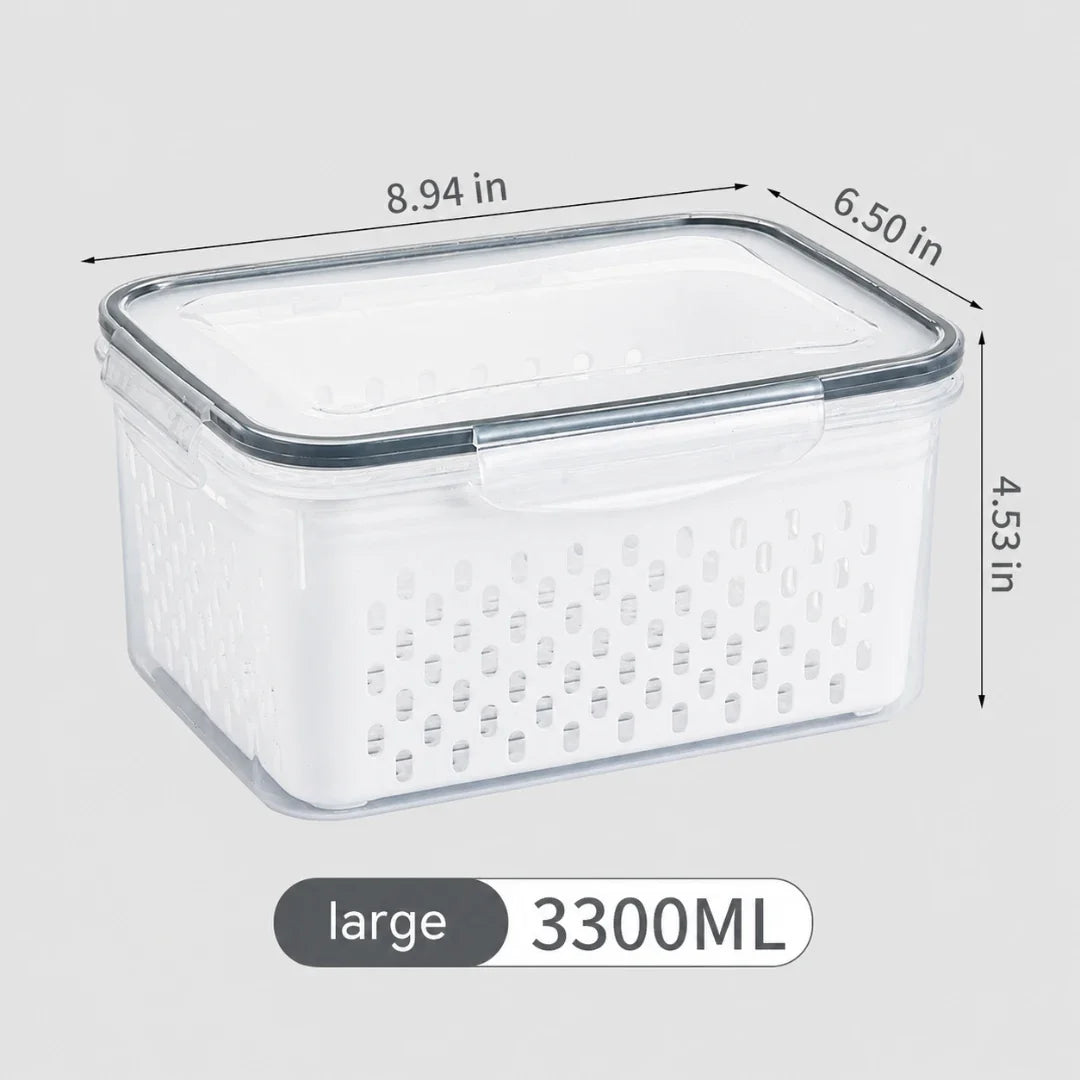 Large clear fridge storage box with vented drain baskets, 3300ML capacity