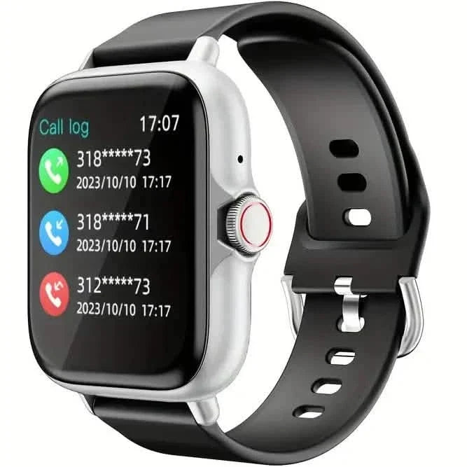 Black-and-silver full touch-screen smartwatch with metal side button and silicone band