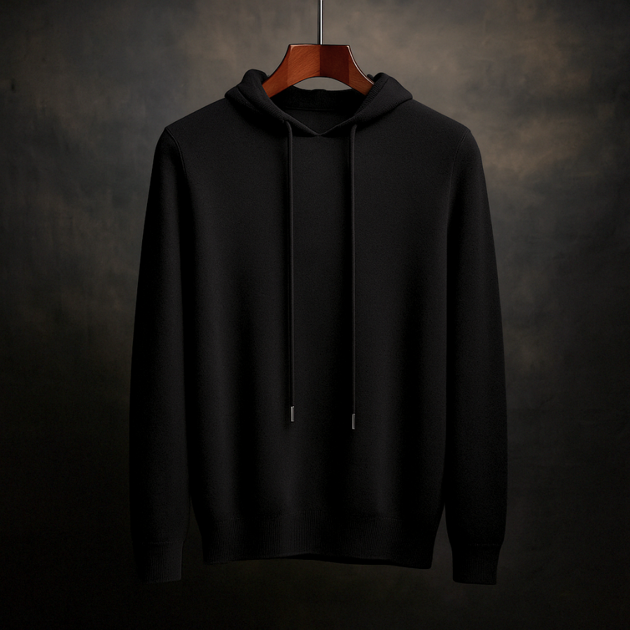Relaxed adjustable hood pullover, black color front view