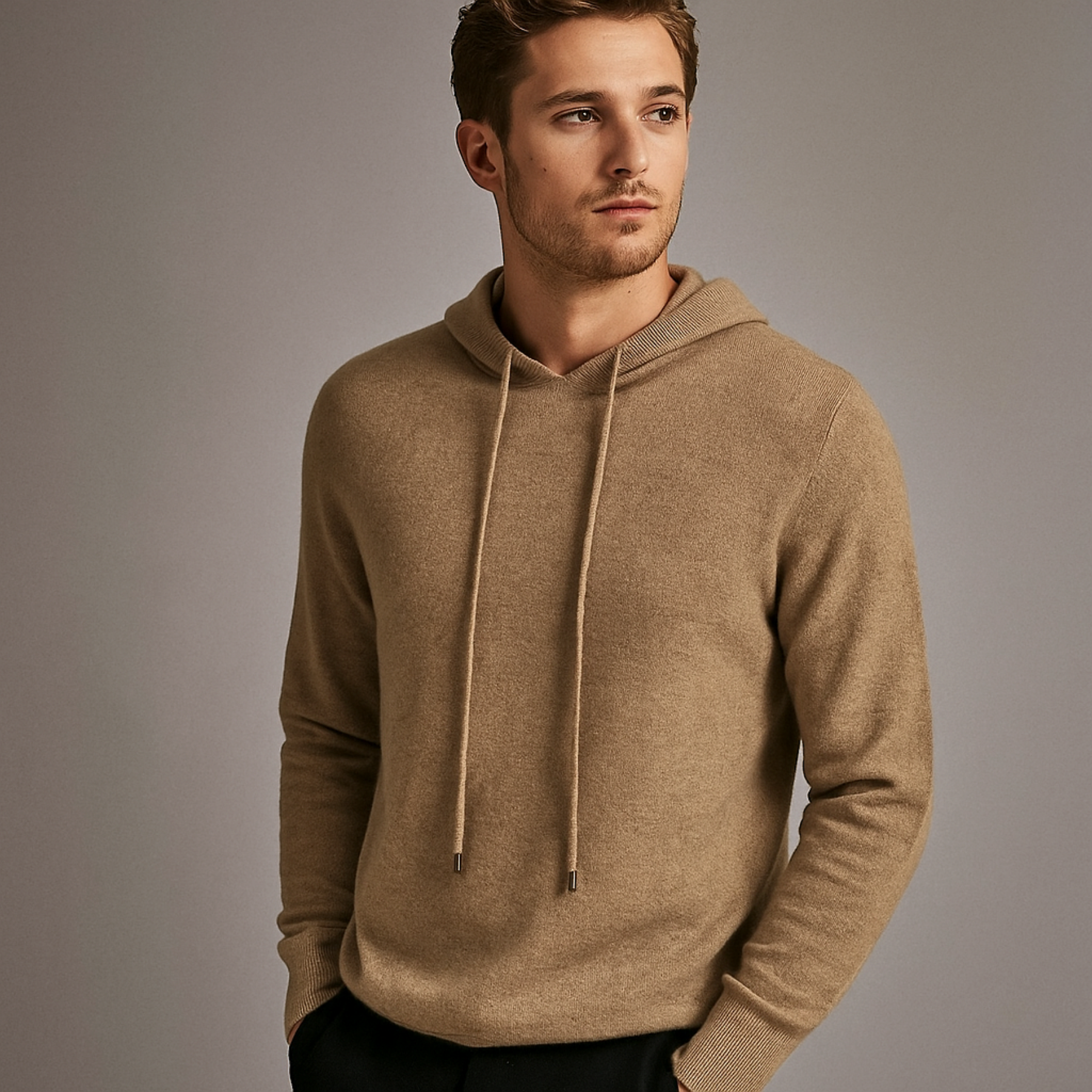 Relaxed adjustable hood pullover, styled front view