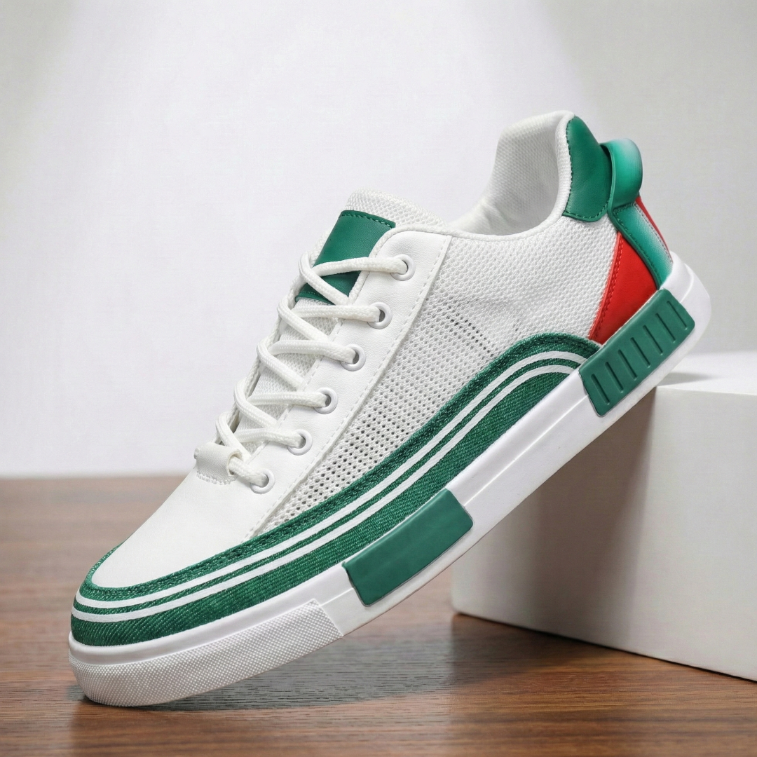 White perforated mesh sneaker with green stripes, green heel accent, lace-up style