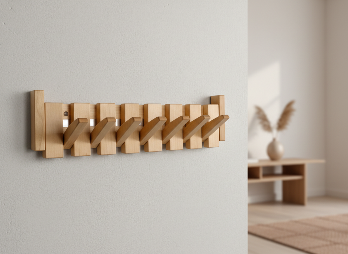 Wall-mounted light wood coat rack with piano-key style angled hooks in a row