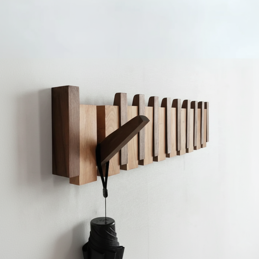 Piano-shaped wooden coat rack with multi-tone slats and angled coat hooks