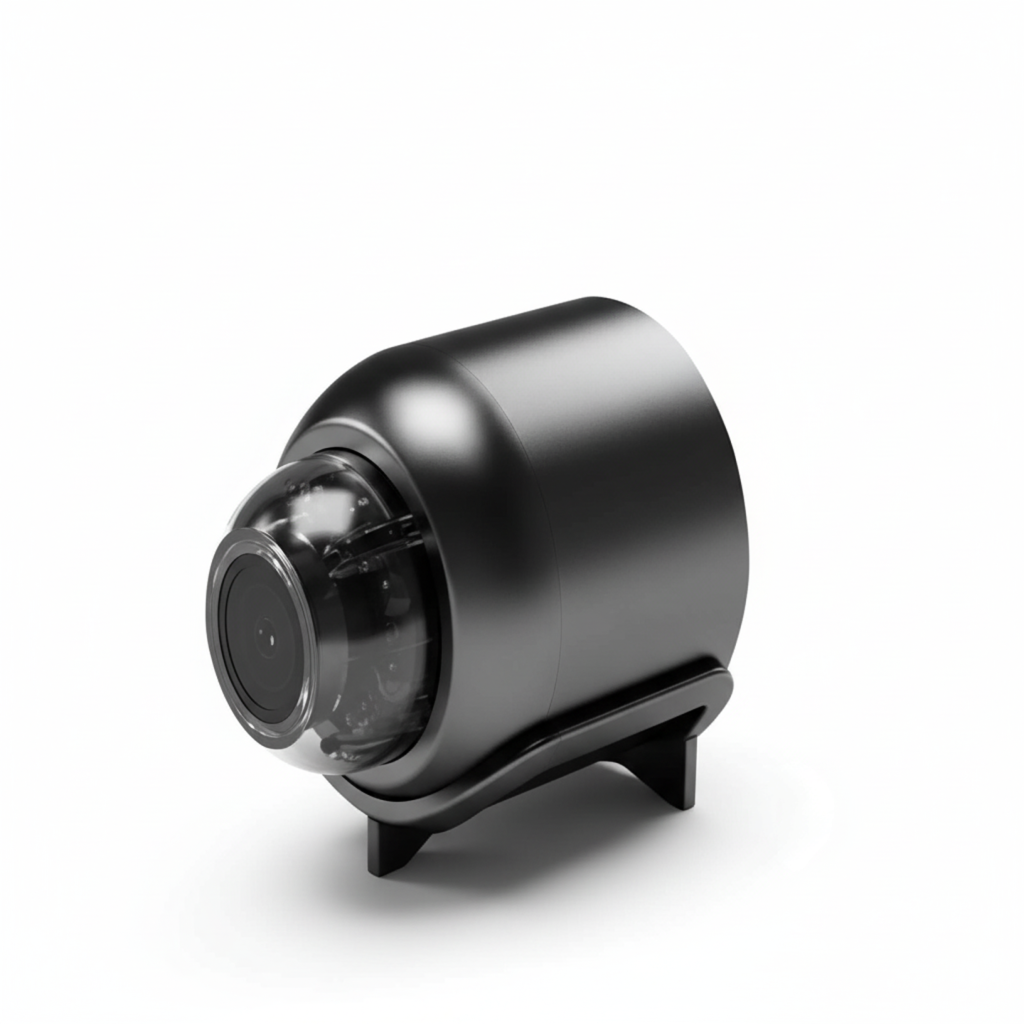 Black cylindrical WiFi security mini camera with wide-angle lens and small stand