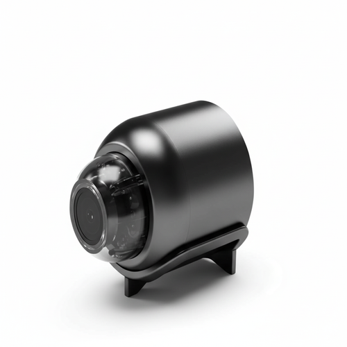 Black cylindrical WiFi security mini camera with wide-angle lens and small stand