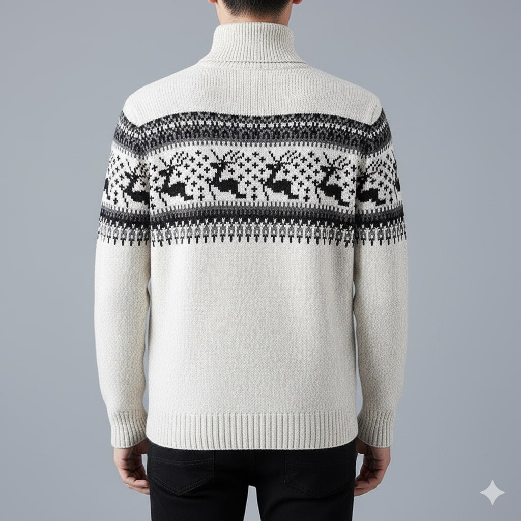 Festive quarter-zip winter sweater, side profile