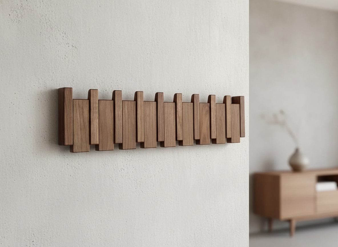 Wall-mounted wooden coat rack with evenly spaced slats and angled coat hooks