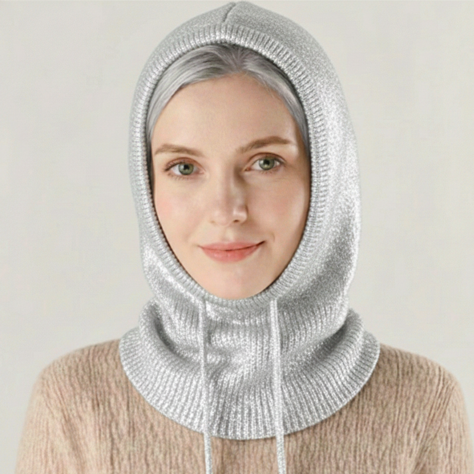 Silver cashmere-blend knit beanie hood with ribbed texture and face opening