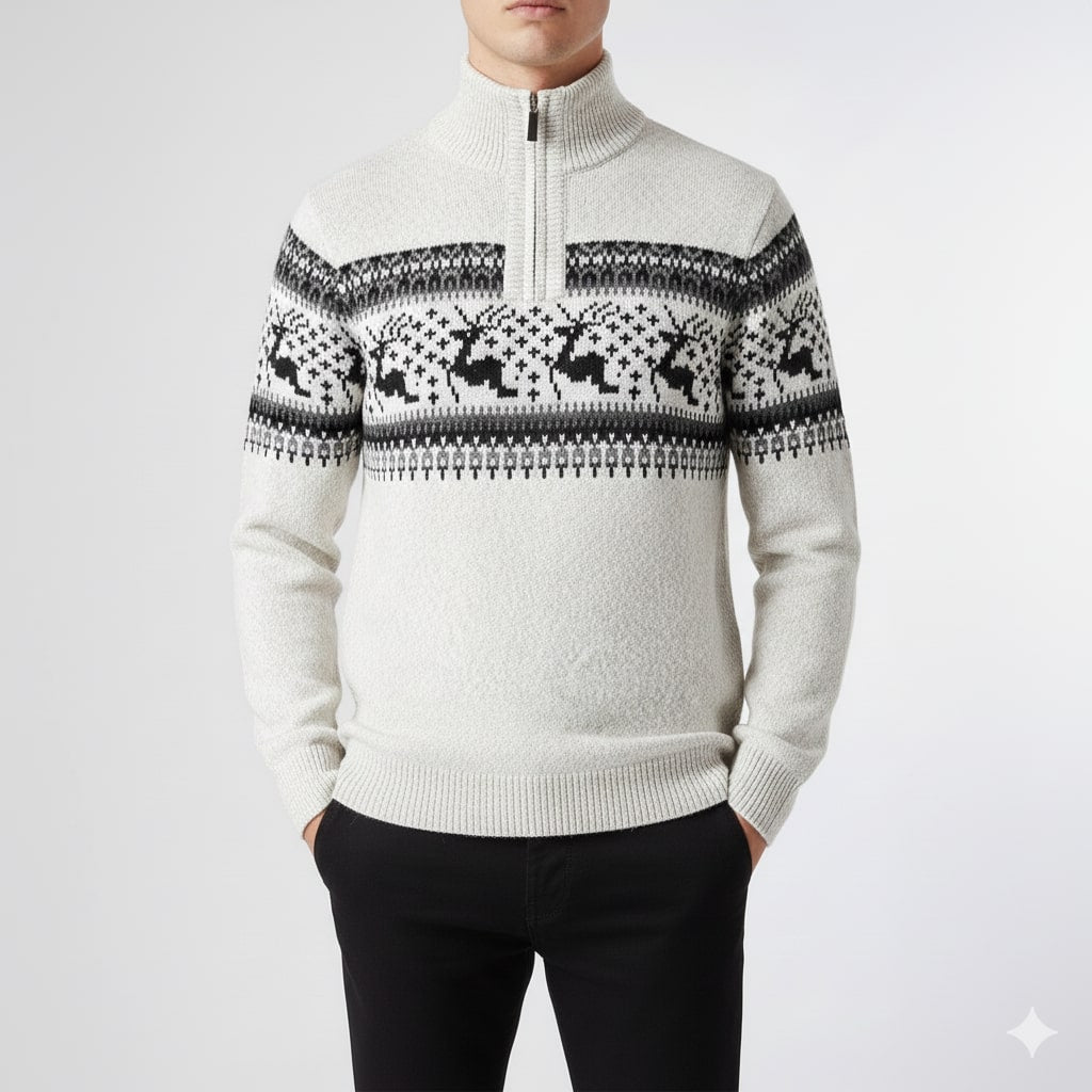 Festive quarter-zip winter sweater, styled front view