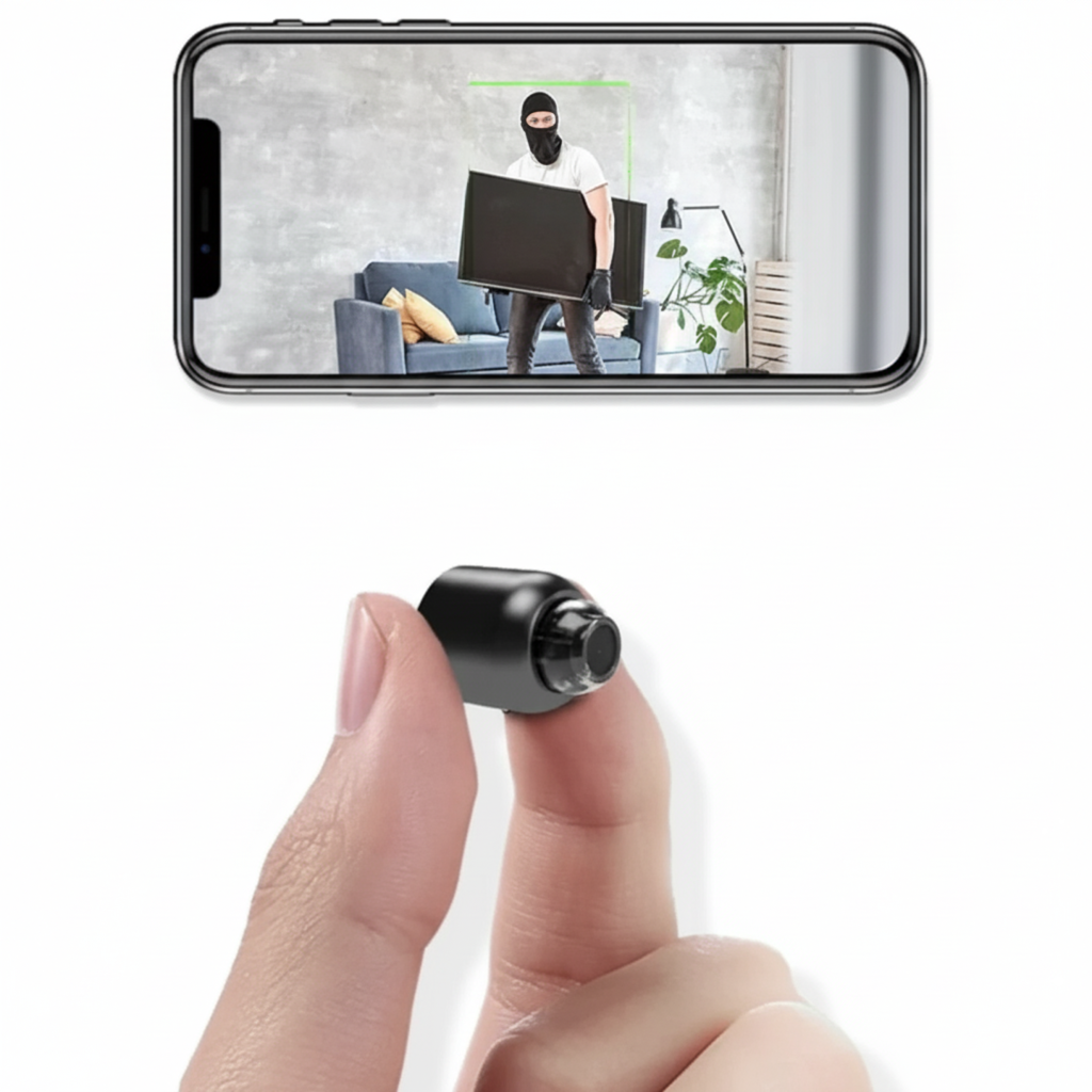 Black mini WiFi security camera in hand; live view shown on smartphone screen
