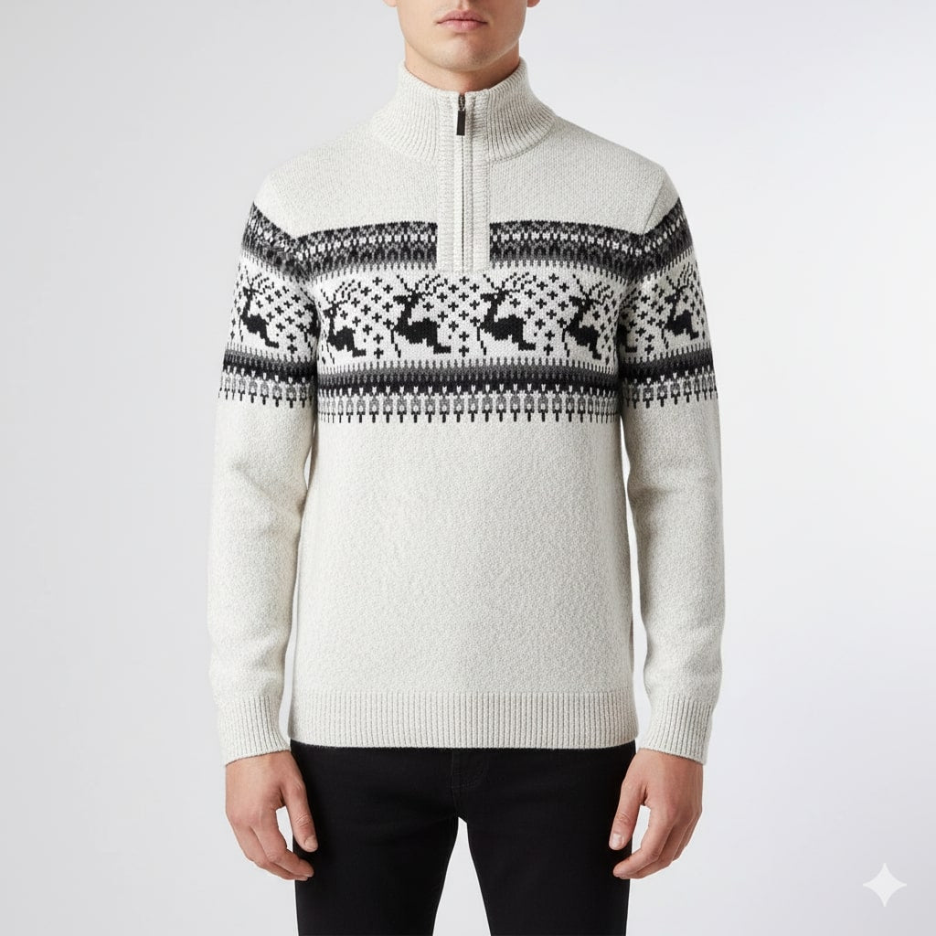 Festive quarter-zip winter sweater, white front view