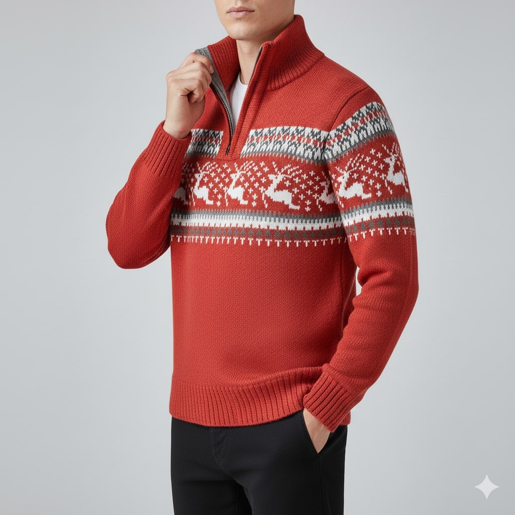 Festive quarter-zip winter sweater, zip detail view