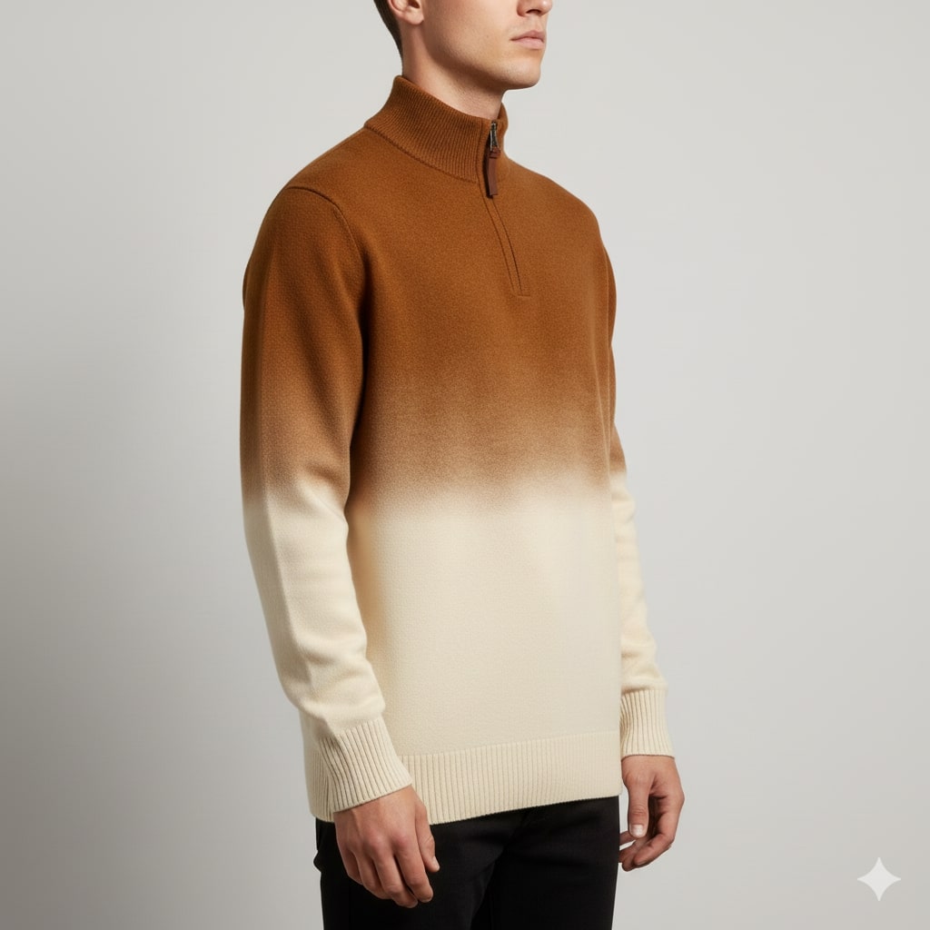 Tailored ombre quarter-zip sweater, styled front view