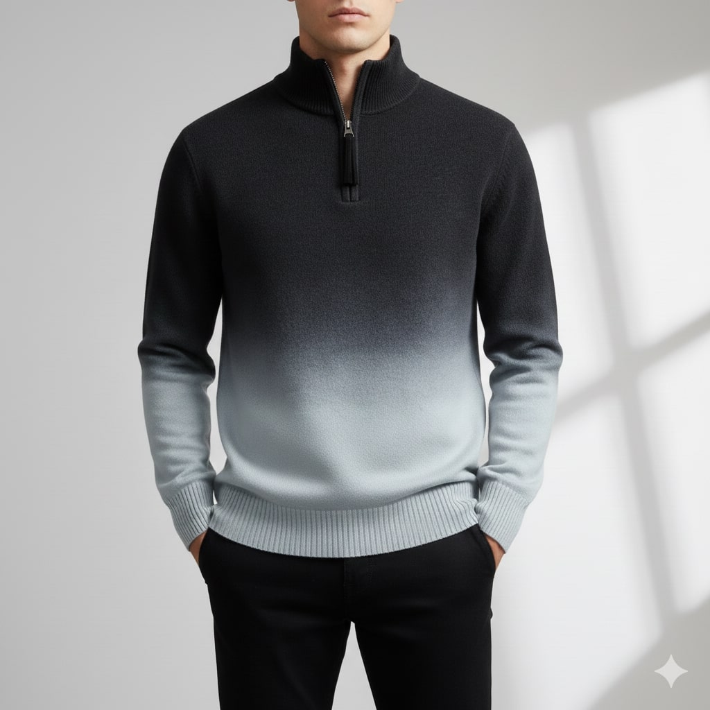 Tailored ombre quarter-zip sweater, black color view