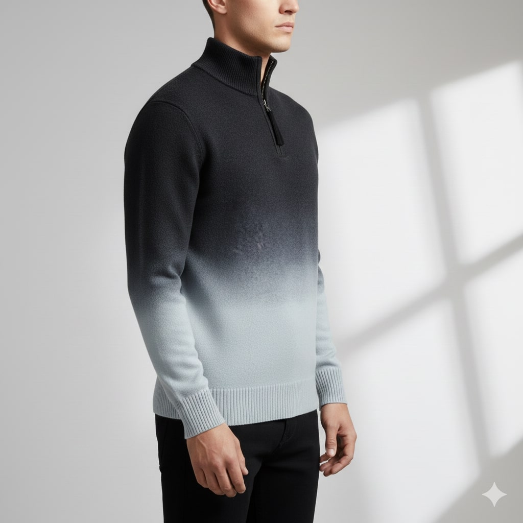 Tailored ombre quarter-zip sweater, side profile
