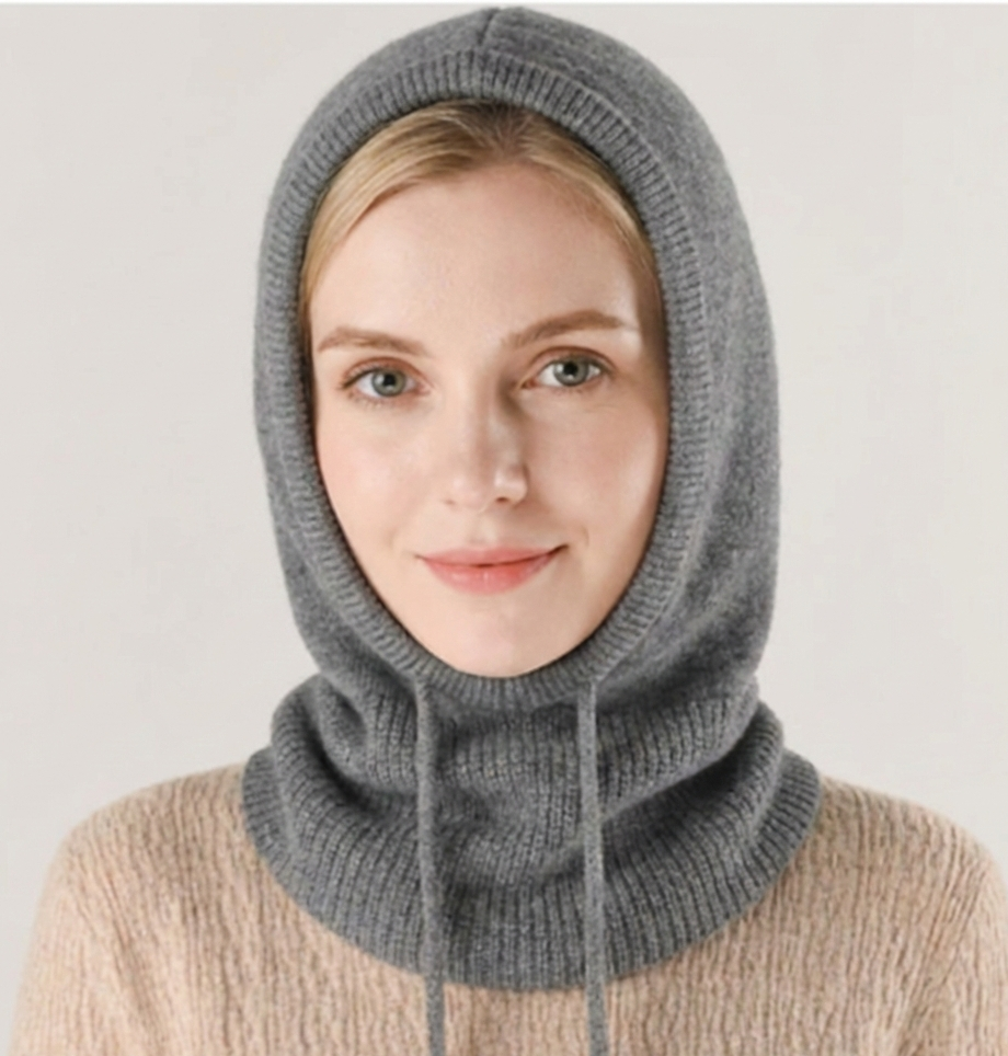 Gray cashmere-blend knit beanie hood with thick ribbed knit and face opening