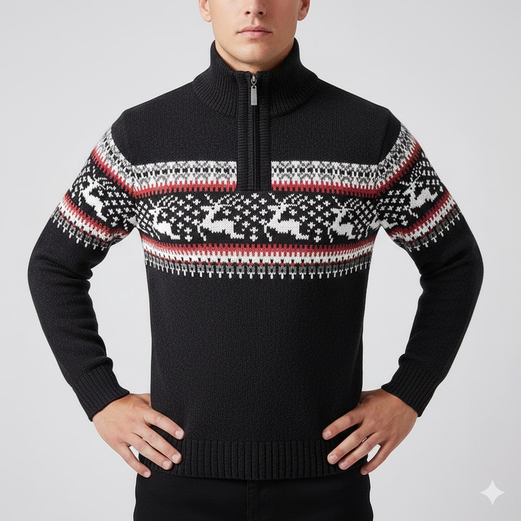 Festive quarter-zip winter sweater, red color view