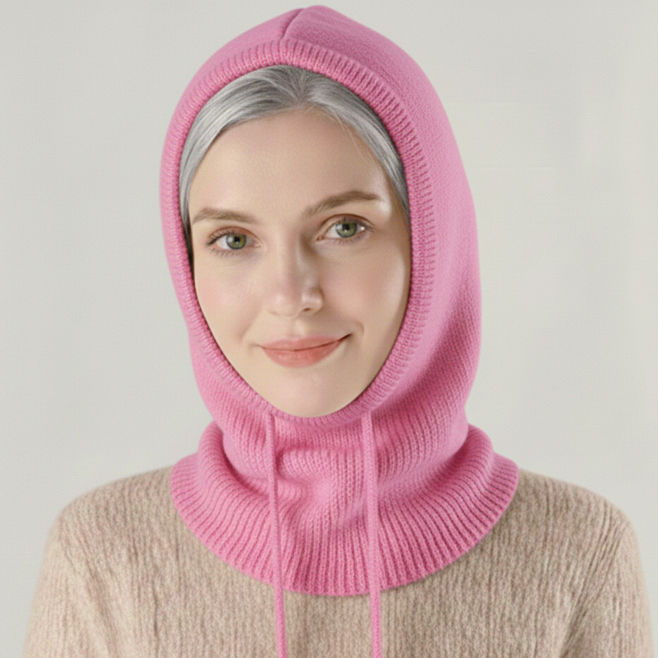Pink cashmere-blend knit beanie hood with thick ribbing and long drawstrings