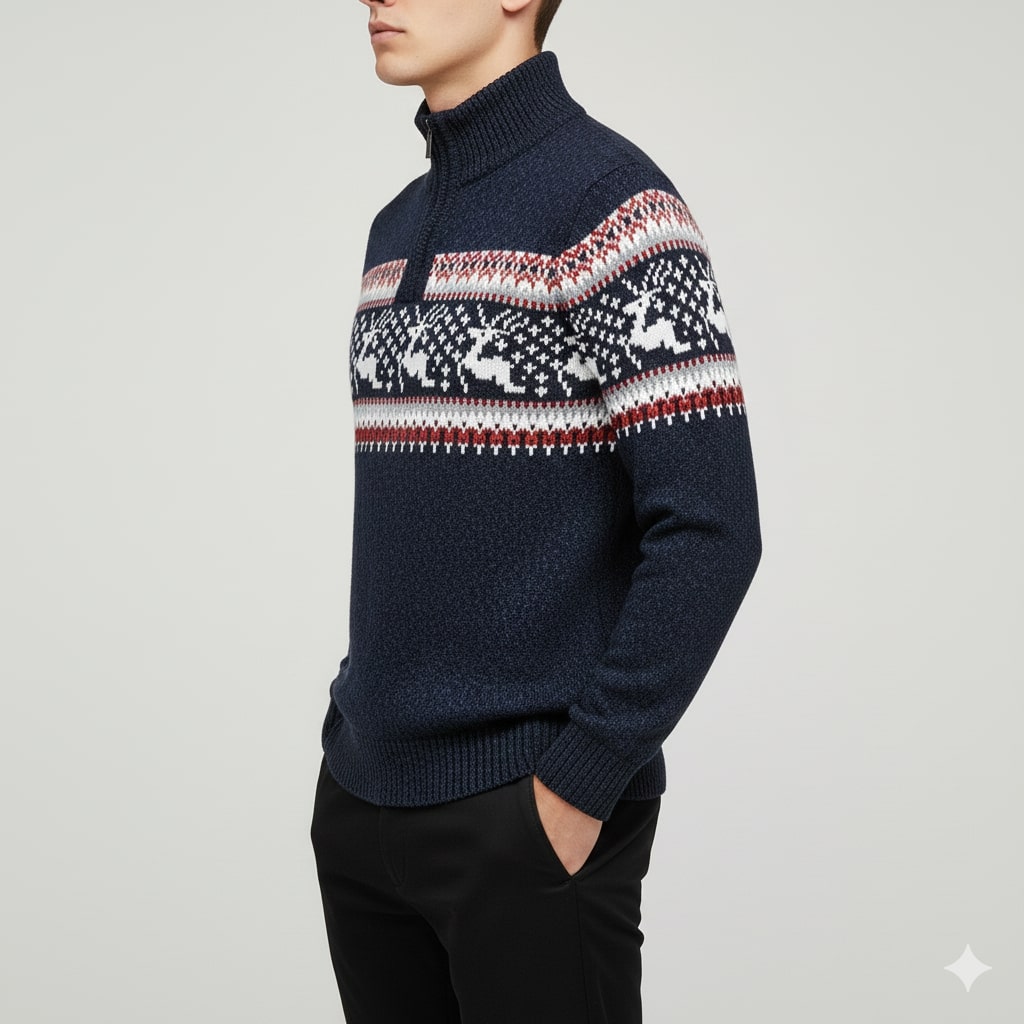 Festive quarter-zip winter sweater, black color view
