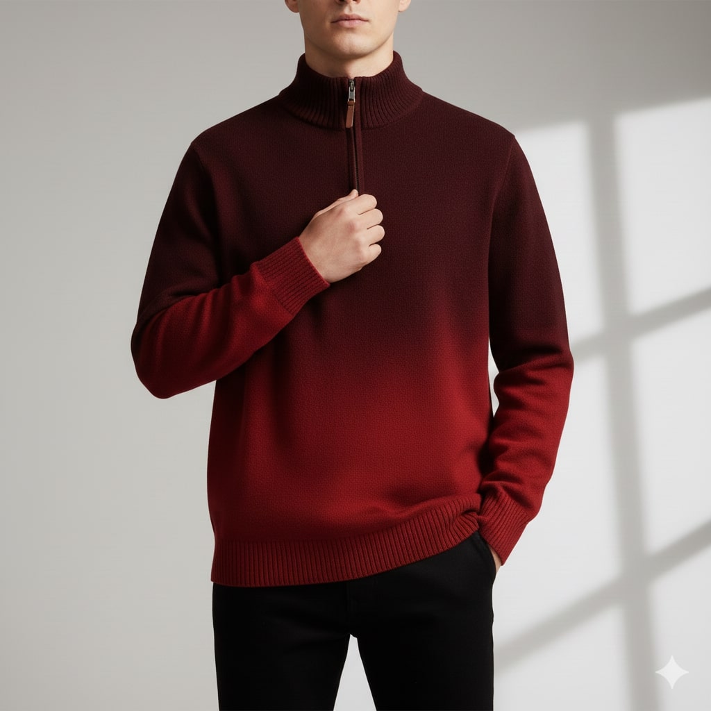 Tailored ombre quarter-zip sweater, final styled view