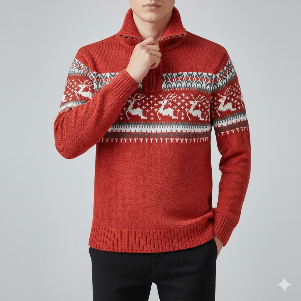 Festive quarter-zip winter sweater, final styled view