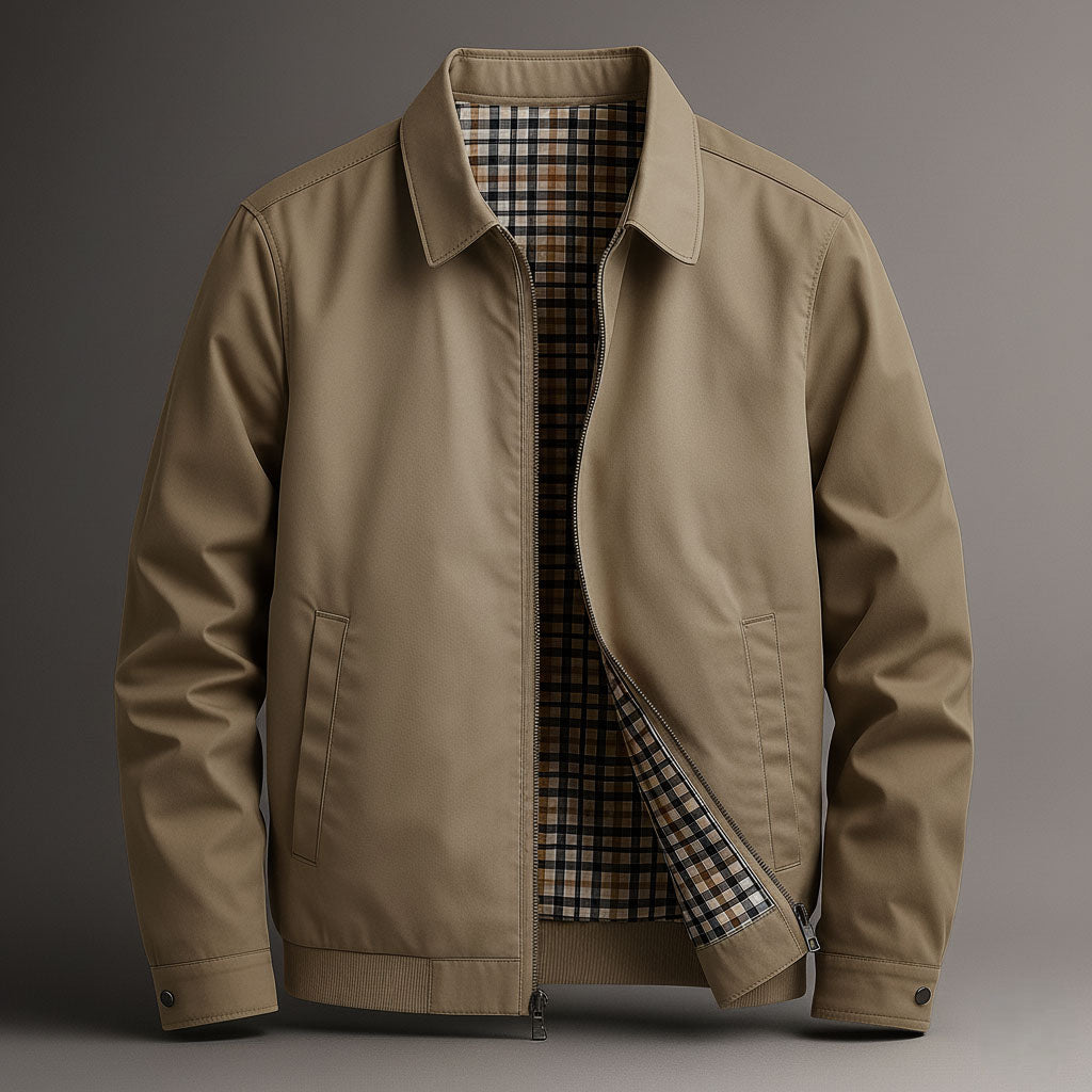 Light khaki men's lined jacket with inside checked lining and side pocket
