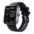 Black smartwatch with health tracking display and silicone strap, square watch face