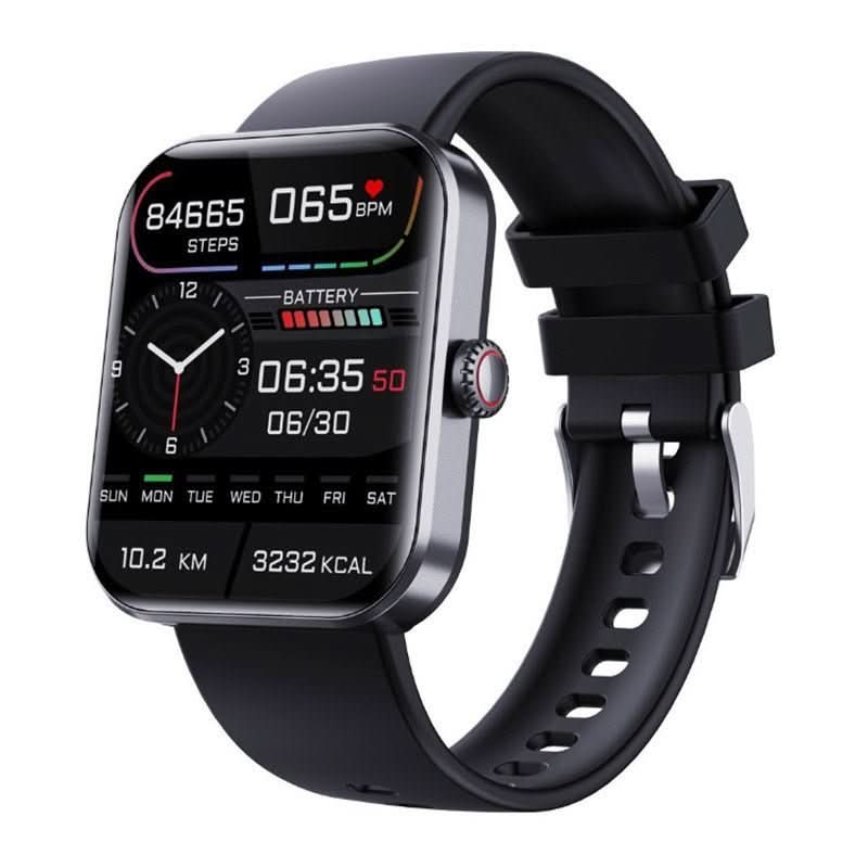 Black smartwatch with health tracking display and silicone strap, square watch face