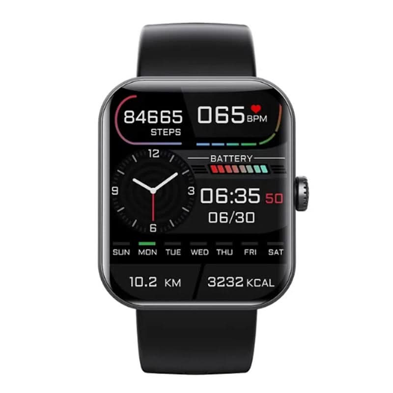 Black wellness watch with steps, battery, and time on screen; silicone band