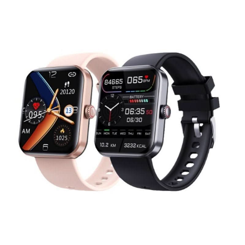 Pair of wellness watches with black and pink silicone straps and square displays