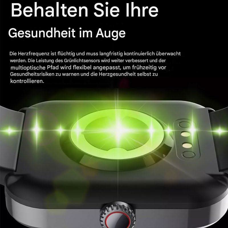 Black wellness watch with heart-rate sensor area on the back of the case