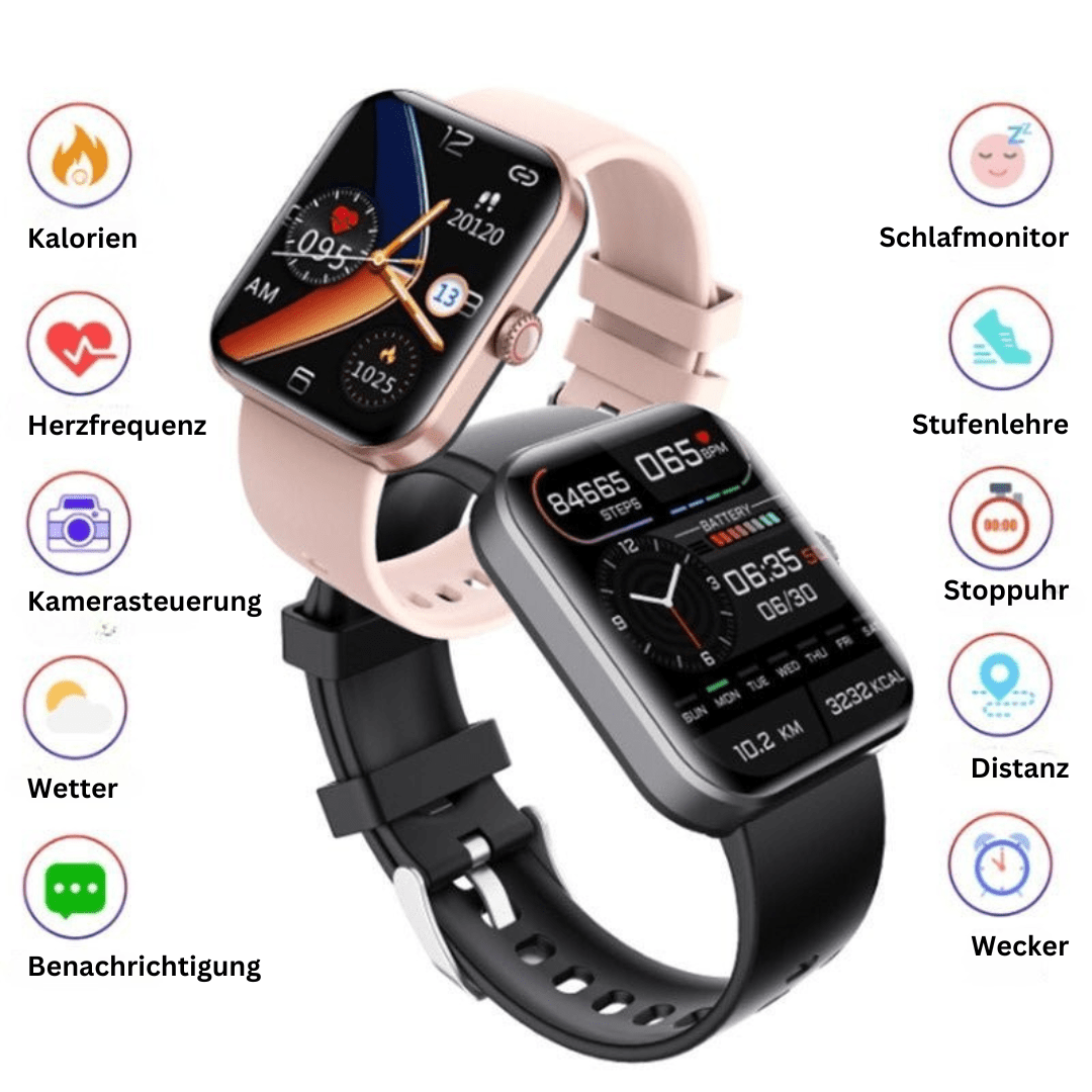 Smartwatch with rose-gold and black straps, showing health and sleep tracking icons