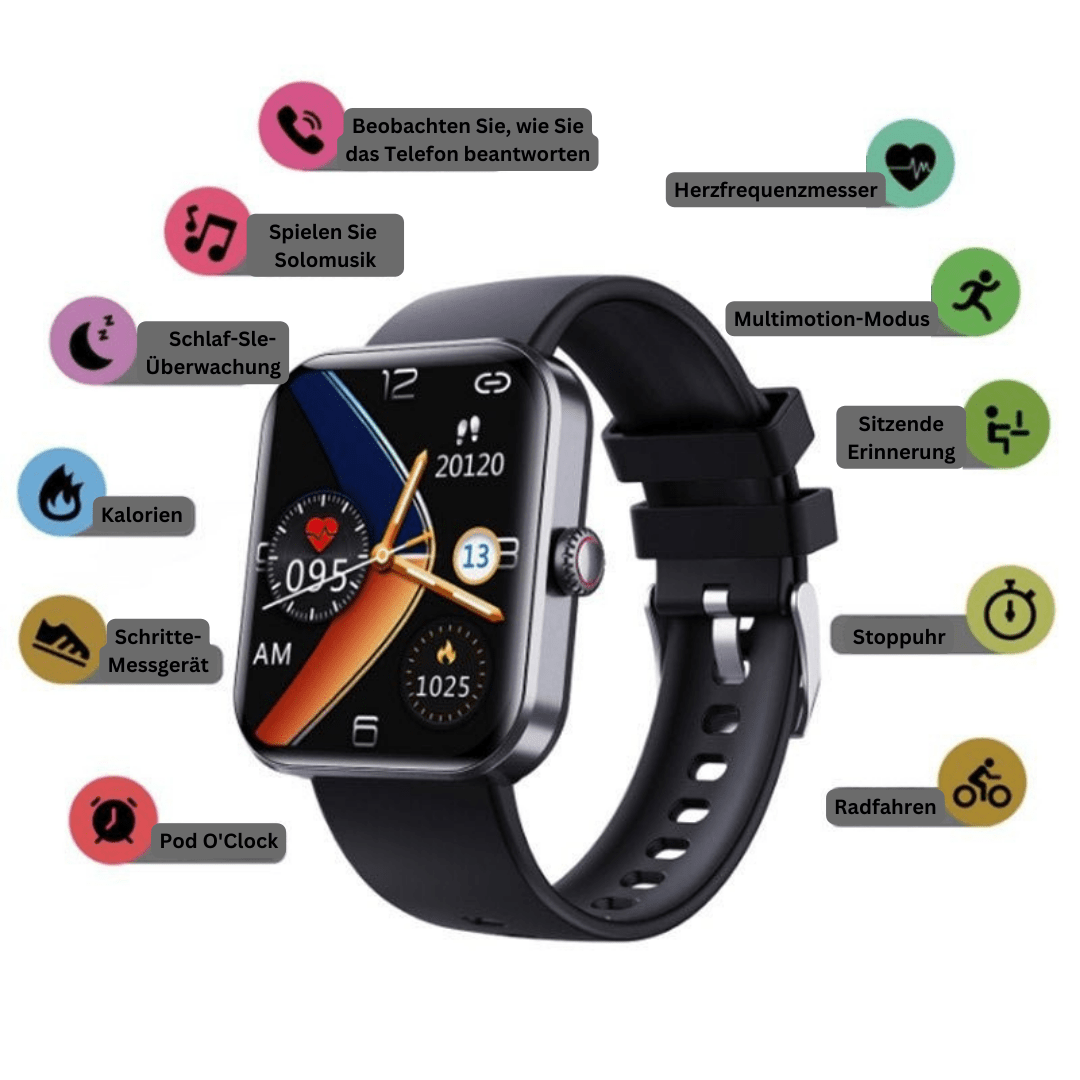 Black wellness watch with multifeature icons around the screen; silicone fitness band