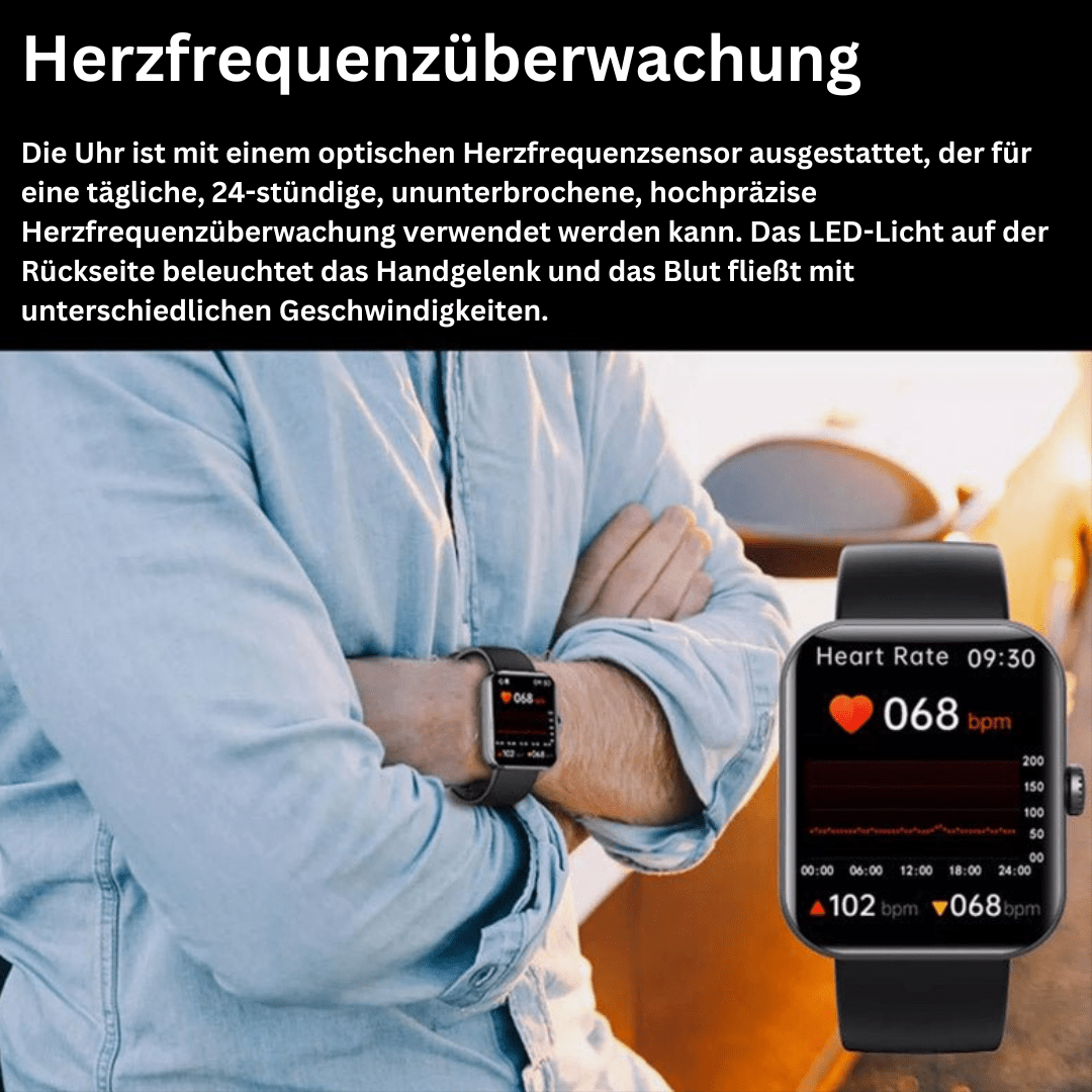 Black heart-rate monitoring smartwatch on wrist, with display showing bpm readings