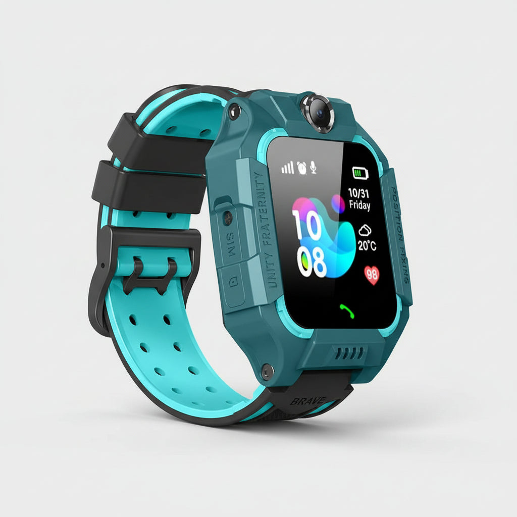 Kids GPS SOS smartwatch with teal band and dark gray case, angled view of the screen.